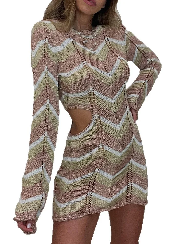 Sexy Boho Gestreepte Chic O-hals Uitgesneden Lange Mouw Gebreide Strand Mini Jurk 2026 Zomer Vrouwen Kust Vakantie Badpak Cover Up