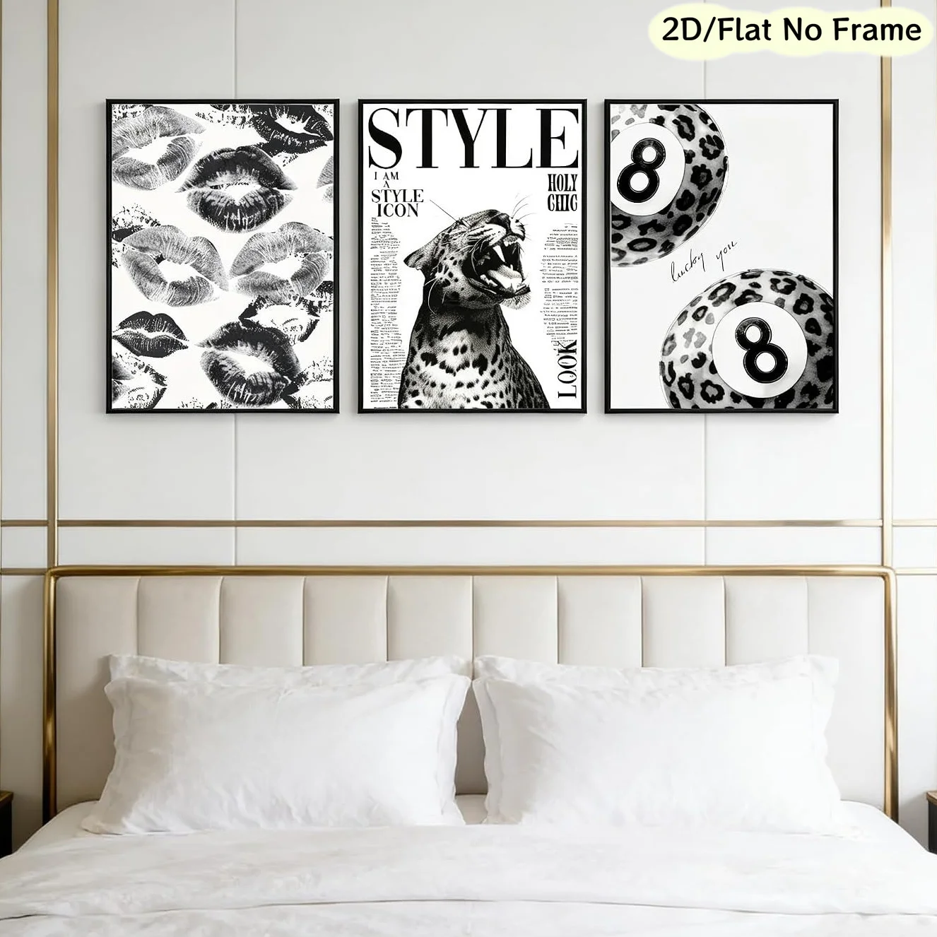 （NO Frame 3PCS）-2D Flat, 2D Flat, 2D/FLAT, Frameless, 3pcs Fashionable Black And White Leopard Print Wall Art. Suitable for B