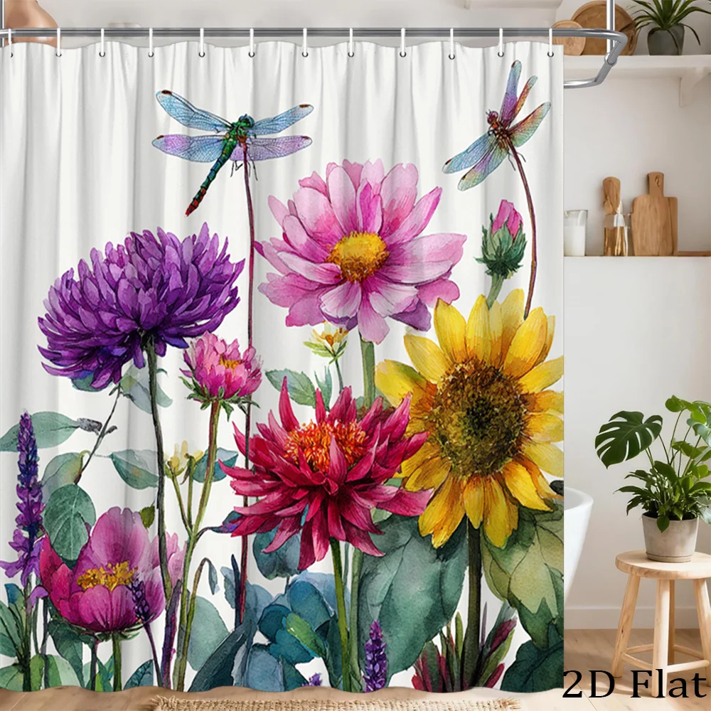 

Watercolor Floral Shower Curtain Peony Sunflower Botanical Dragonflies Nature Decor Bathroom 180x180cm