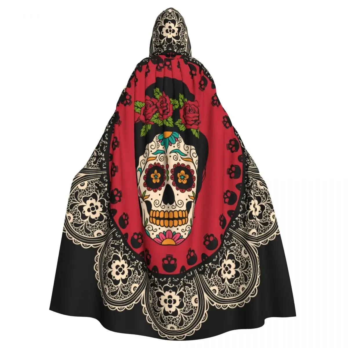

Unisex Witch Party Reversible Hooded Adult Vampires Cape Cloak Frame With Mexican Skull Woman