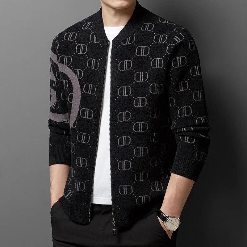 Spring and Autumn Zipper Knitted Cardigan Stand Collar Jacket 2025 Men's High-end Printed Casual Baseball Trendy