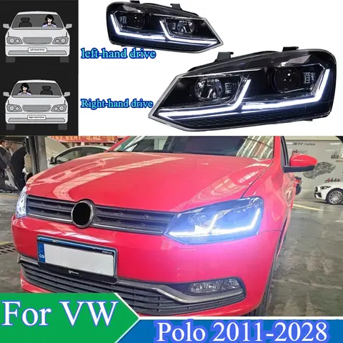 Faróis para Volkswagen Polo 2011-2018 Conjunto de Faróis com Lente LED Luzes de Corrida Diurna Dupla Sinalizadores Automáticos