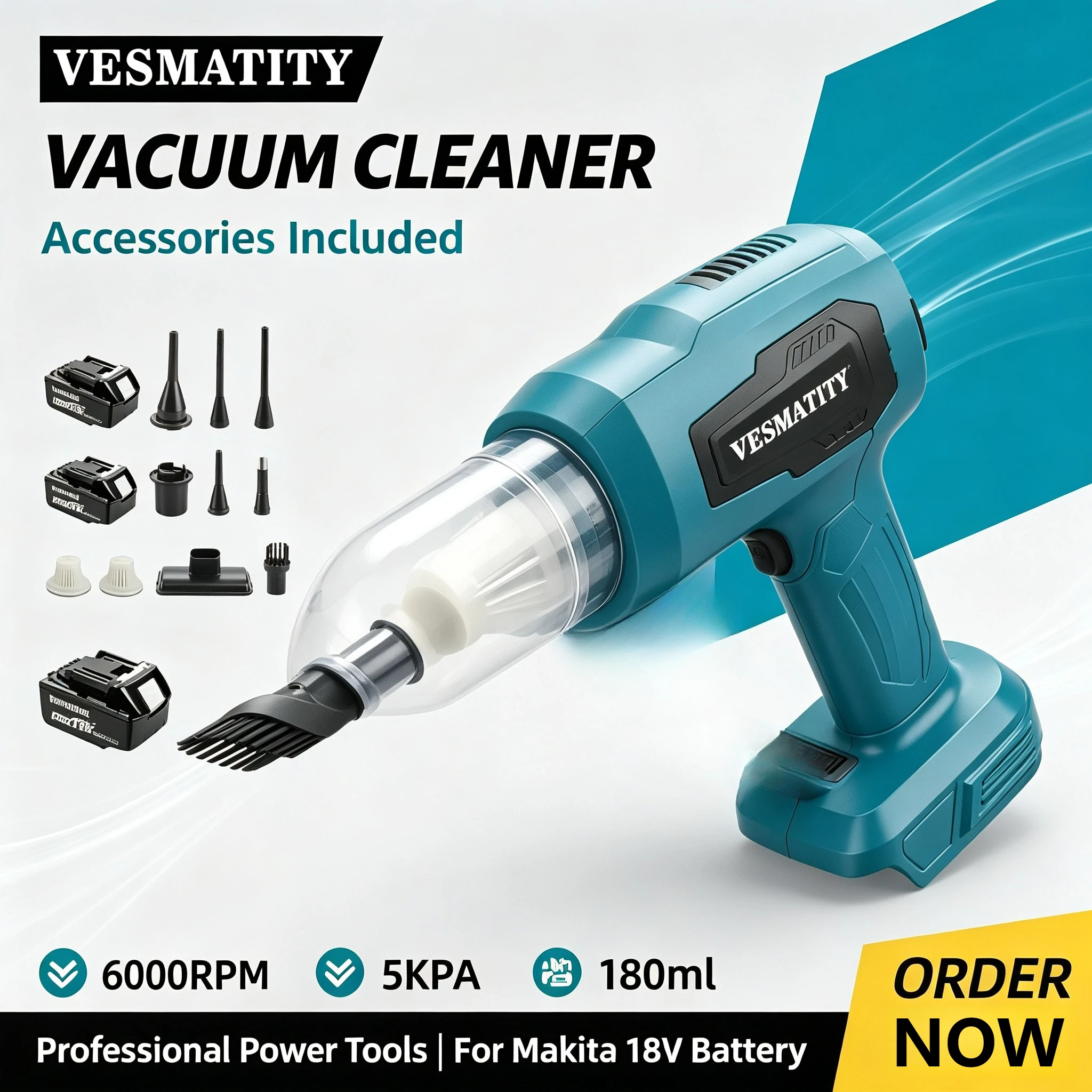 Cordless Vacuum Cleaner 7 Nozzles 200W 10000Pa Max 180ml Dust Collector Perfect for Car Workshop Use for 18V-20V battery.