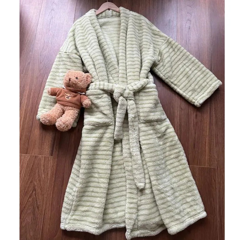 Women Green Stripe Autumn Winter Bathrobe Robe Coral Fleece Thicken Soft Kimono Loose Gown Casual Homewear Belt Dressing Gown