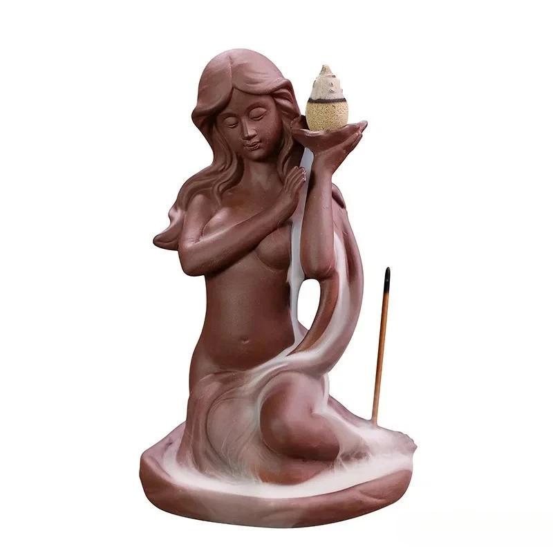 1Pc Purple Sand Conch Mermaid Statues Backflow Incense Burner, Home Interior Living Room Study Office Decoration, Creative Gift