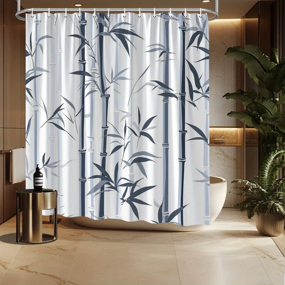 

Shower Curtain Blue Leaf Pattern Repeating Stalks White Background Polyester 70.8x70.8 Inch Machine Washable