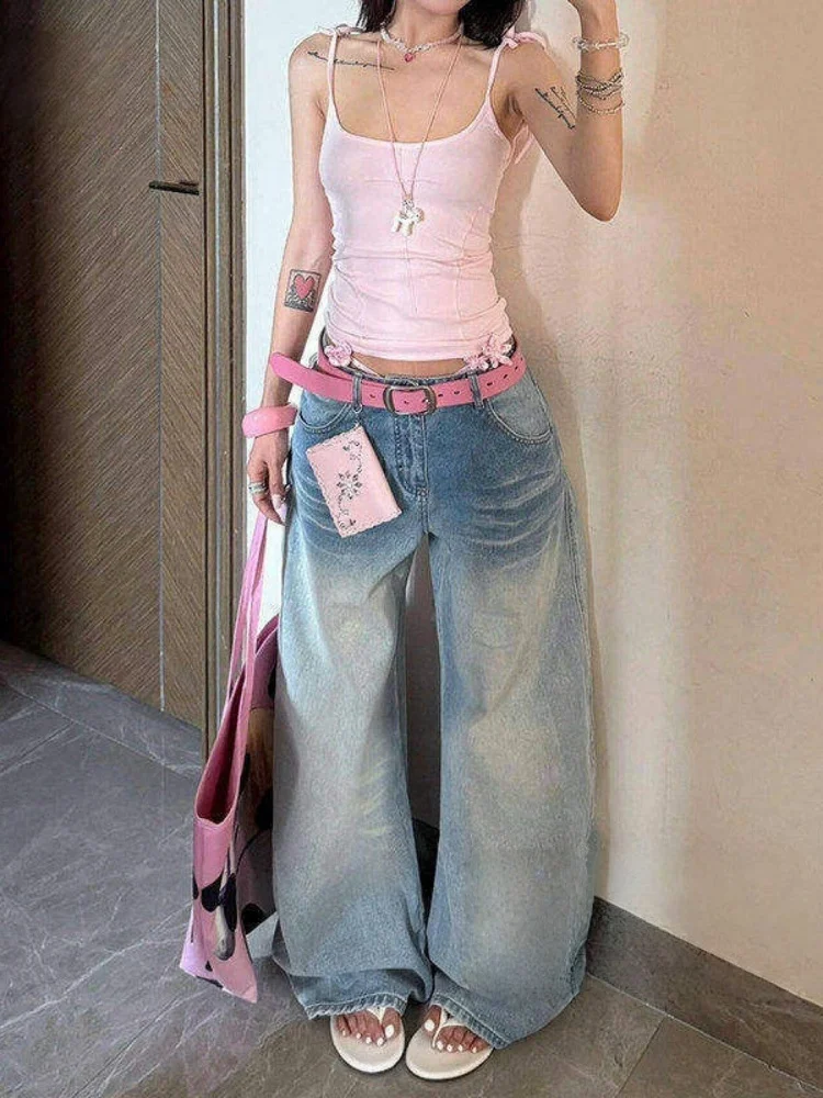 

Американские джинсы с низкой посадкой и широкими штанинами для женщин, весенние, больших размеров, свободные, стройнящие, струящиеся, в пол, с эффектом драпировки, модель «Knife Pants»