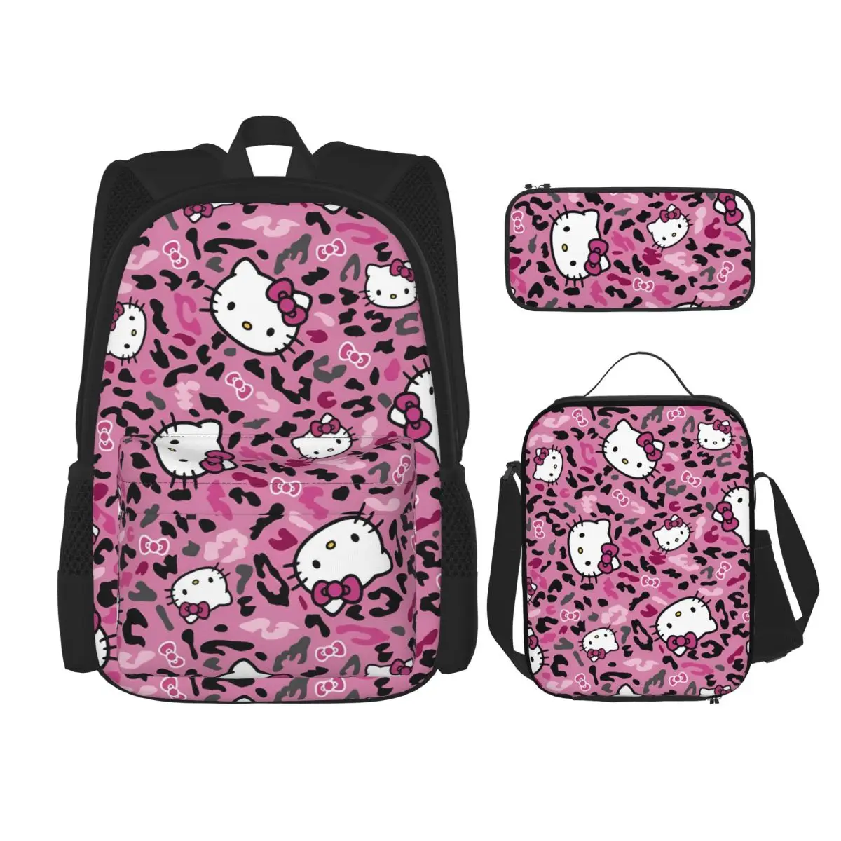 

3pecs/set Hello Kitty леопардовый рюкзак с героями мультфильмов для студента, сумка для ноутбука, сумка для обеда, пенал