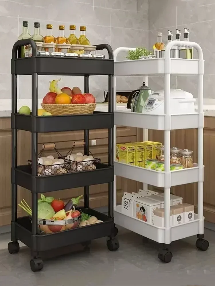 3/4 Tiers Mobile Storage Rack Plastic Rolling Utility Cart Kitchen Bathroom Bedroom Storage Rack with Wheels Movable Bookshelf