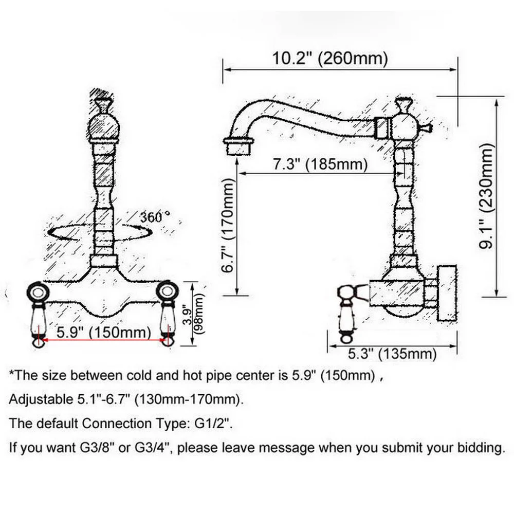 Antique Red Copper Kitchen Sink Bathroom Basin Faucet Mixer Tap Swivel Spout Wall Mounted Dual Ceramic Handles Lnf954