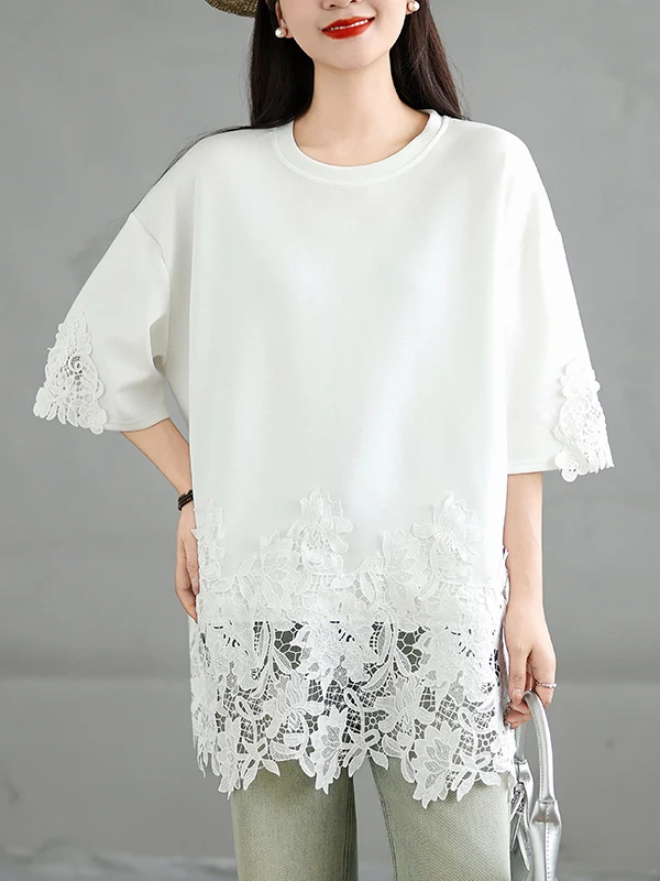 

High-End Women's Summer 2025 plus Size Casual Loose Lace Splice ort Sve T-irt Comfortable Breathable Vintage Sle