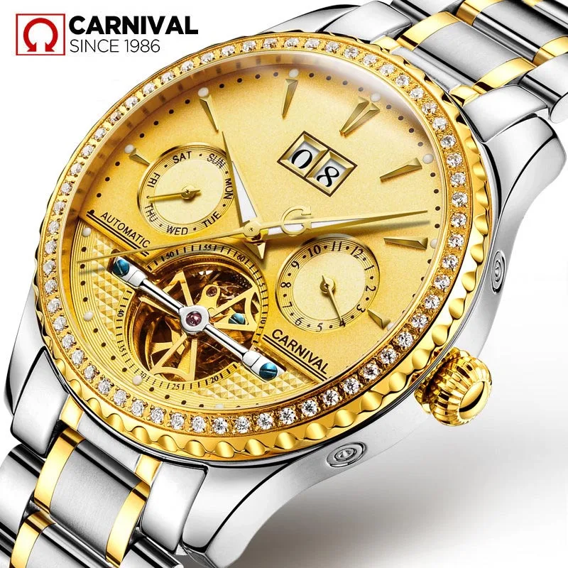 

КАРНАВАЛ двухслойные вращающиеся часы с турбийоном мужские роскошные часы с календарем недели водонепроницаемые деловые автоматические механические часы Reloj