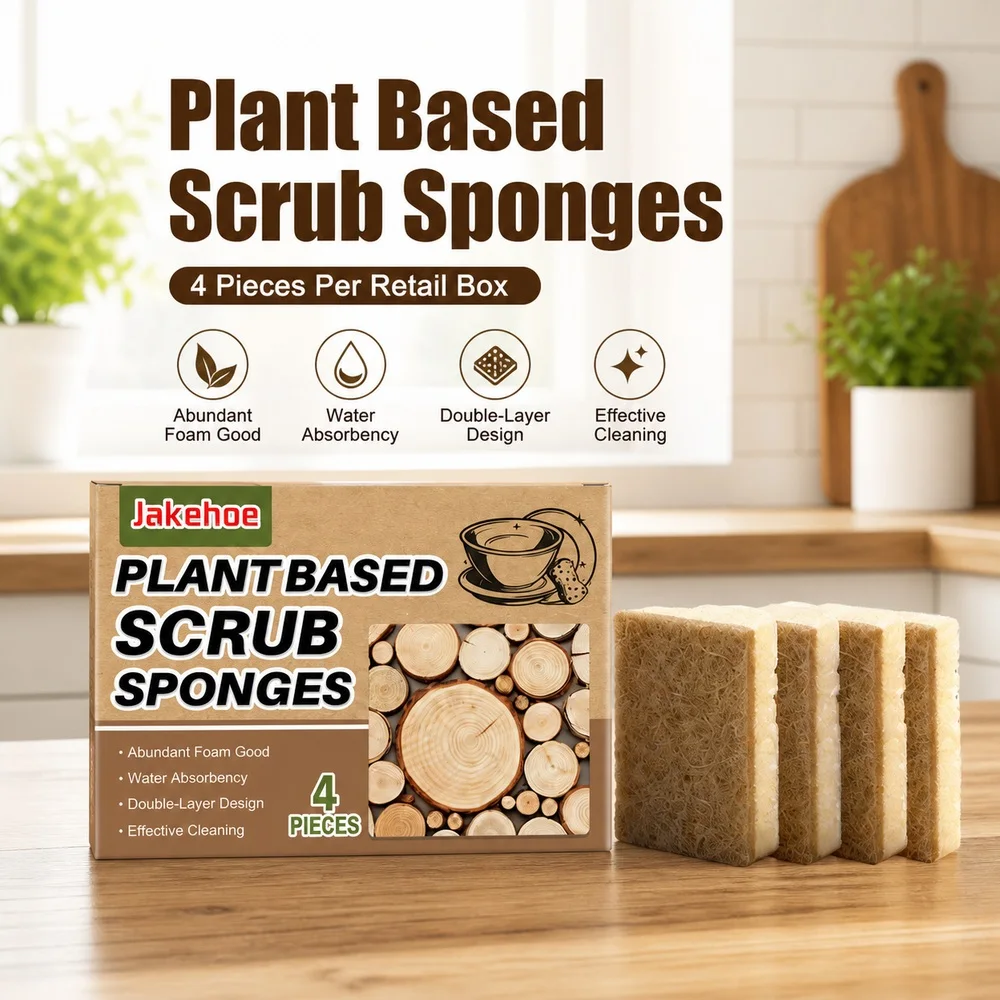 Jakehoe Plant Based Scrub Sponges 4 Piece Kitchen Dishwashing Pads for Dishes Cookware Pots Pans Countertops Home Cleaning Tools