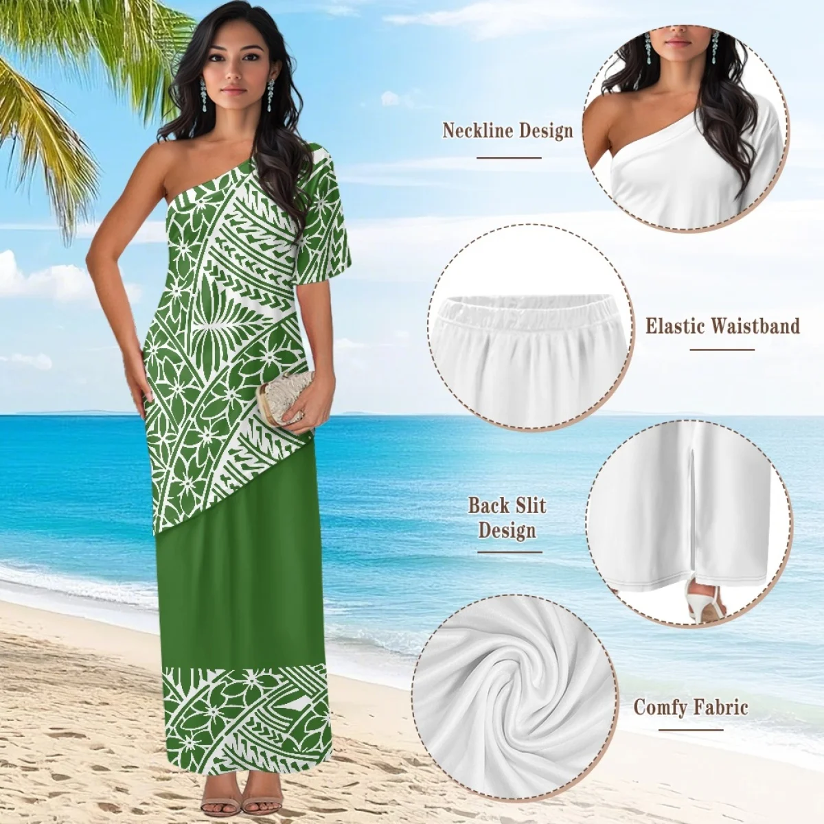ชุดเดรสยาวสไตล์โพลินีเซียนสำหรับผู้หญิง ชุดเดรสยาวฤดูร้อนแบบเปิดไหล่ข้างเดียว ดีไซน์หรูหรา ชุดเดรสยาวแบบสั่งทำพิเศษ ลายพิมพ์สีเขียวแบบฮาวายและซามัว