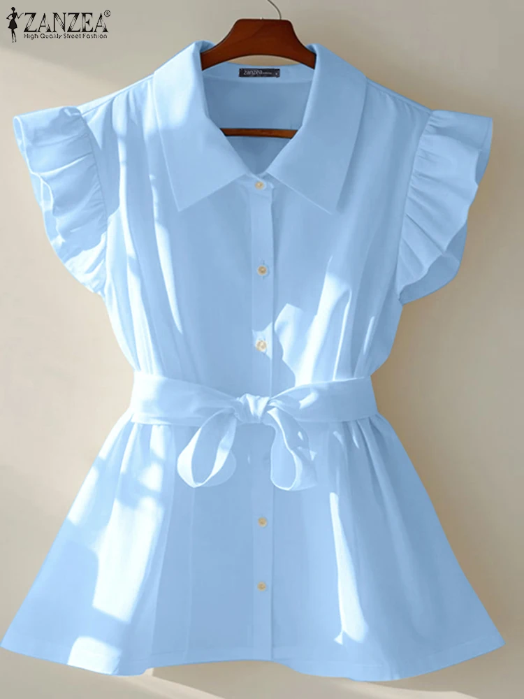 

ZANZEA Fashion Solid Tunic Tops 2025 Summer Turn-Down Collar Betled Elegant Shirts Button Up Ruffle Sleeve Woman Chemises Femme