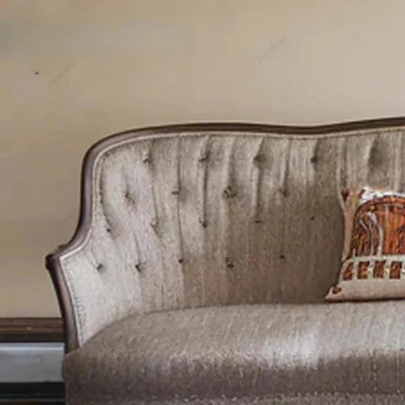 American Retro Solid Wood Sofa Three Person Fabric Soft Bag Buckle Living Room Furniture