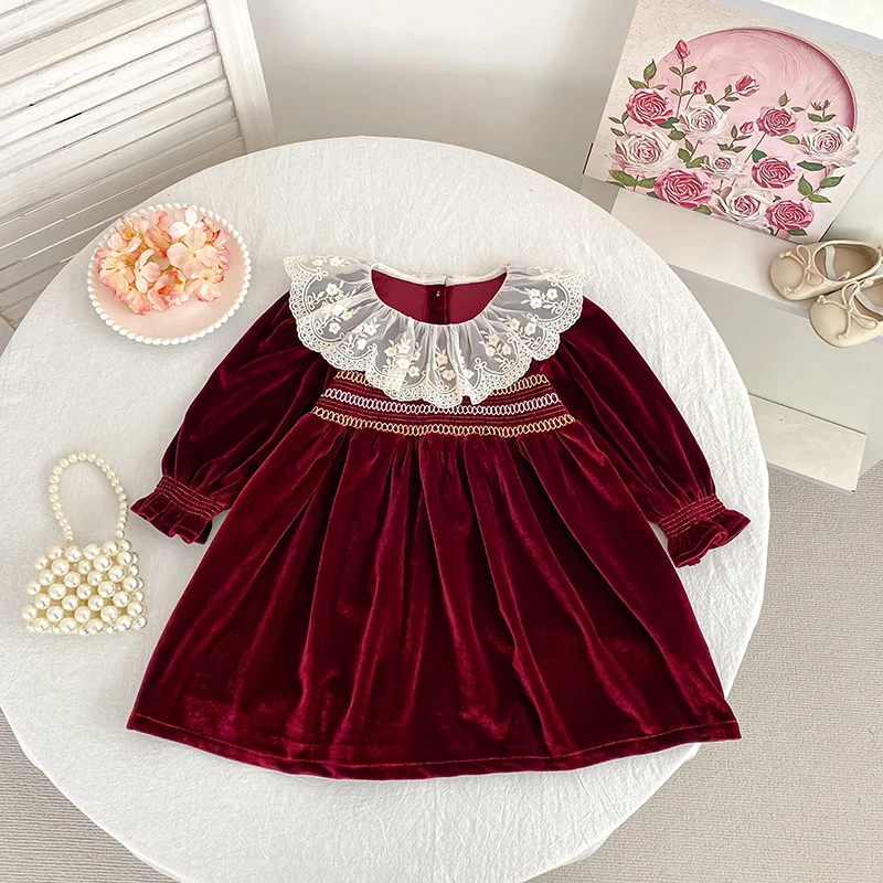 2025 Christmas Kids Baby Girls Dress Red Lace Collar Baby Girls Long Sleeve Sweet Princess Dress New Children Clothes Dress