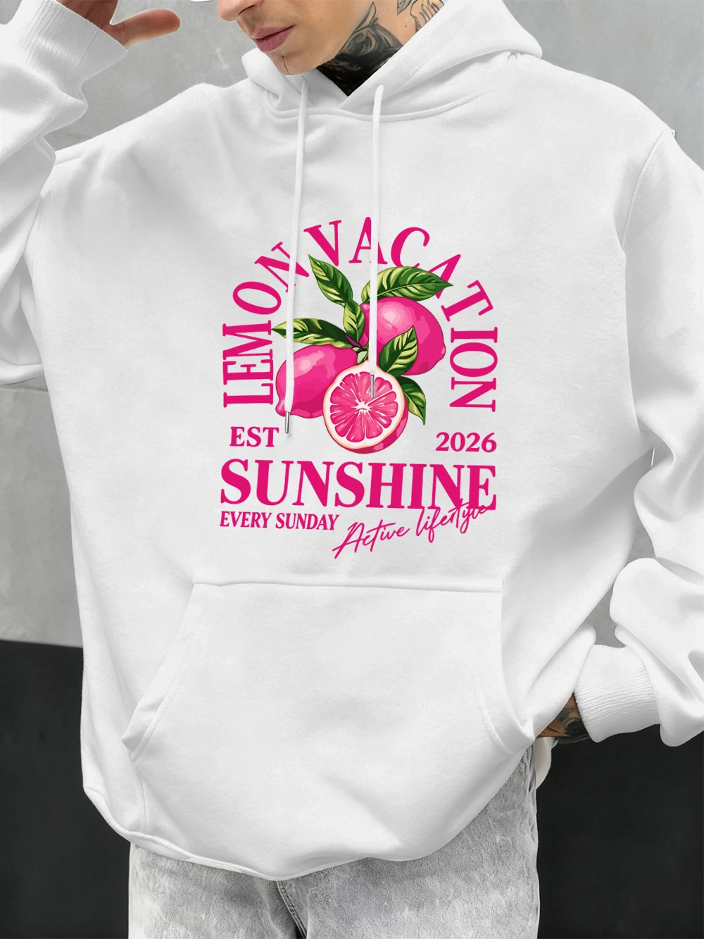 Lemon Vacation Pink Fruit Prints Mens Hoodie Autumn Fleece Warm Sweatshirt Oversized Pocket Pullovers Sports Jogging Male Tops