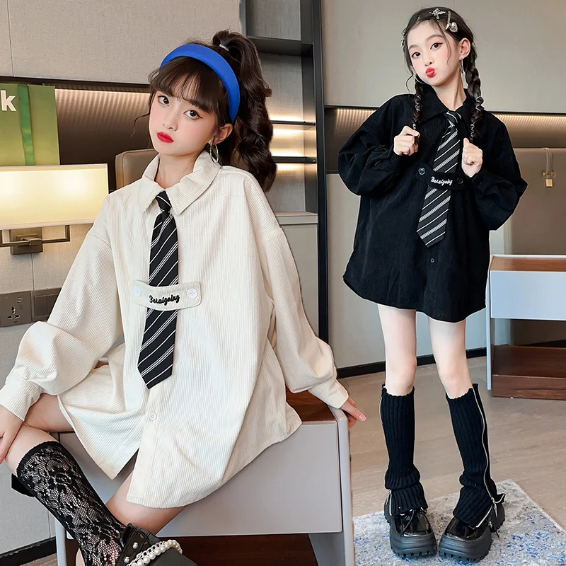 2023 Long Sleeve Shirt Girls White Turn Down Collars Basic Casual Teen Girls Oversize Black Shirts Blouse with Tie Spring Autumn