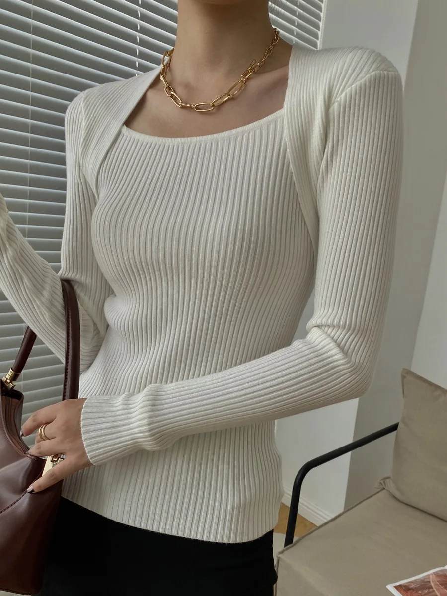 Women's Clothing Square-neck Bottoming Slim Sweater, Casual Long Sleeve Knit Sweater Fit Spring Fall