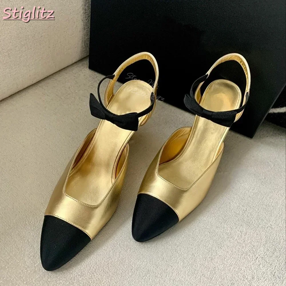 Splicing Bow Binding Sandals Pointed Toe Shallow Gold Fashion Women Shoes Special Heel Summer Spring Elegance Dress Leather Shoe