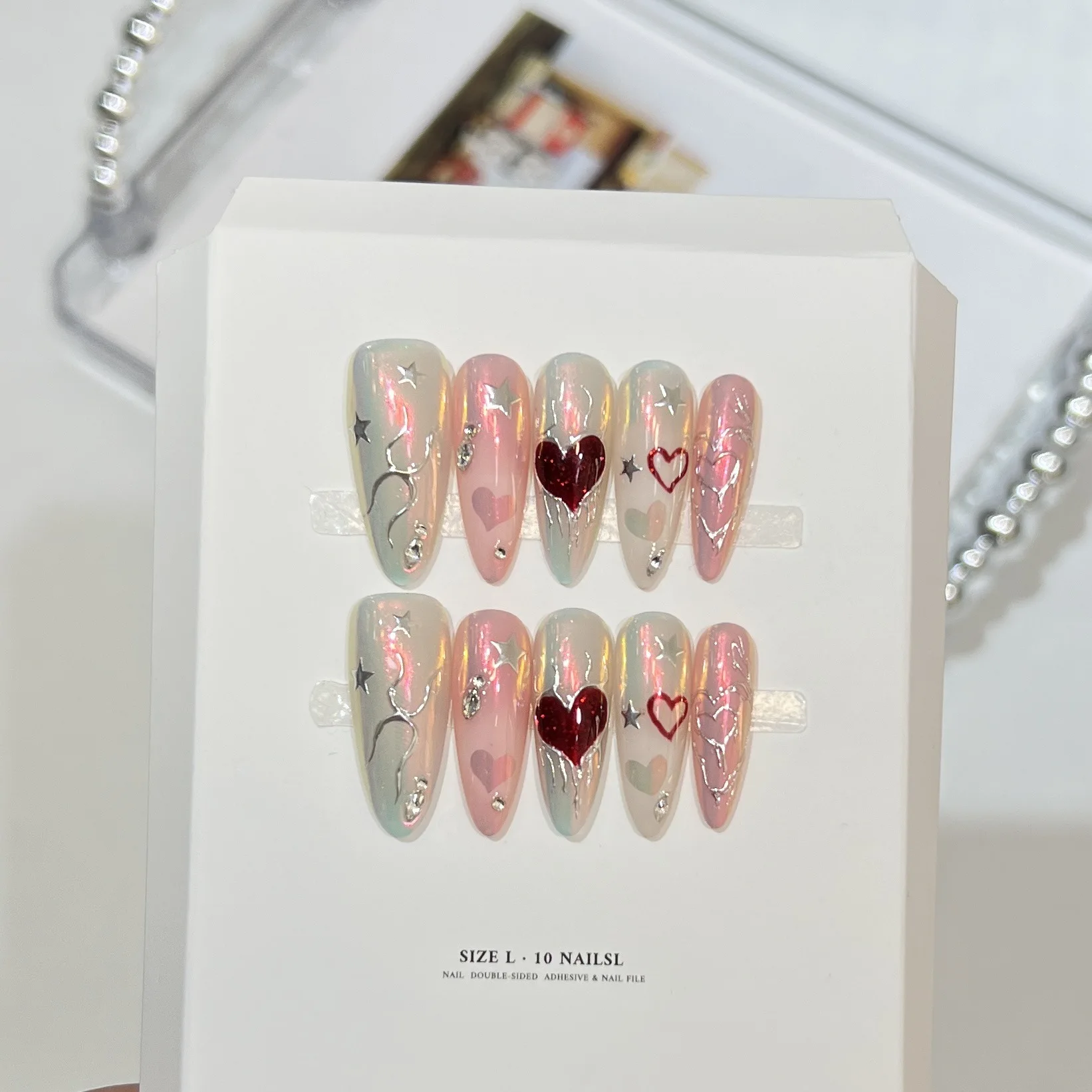 10pcs Handmade Long Oval Y2K Press on Nails Hand-painted Heart Aurora Silver Heart Design Sweet Cool Wearable Nails Spicy Girls