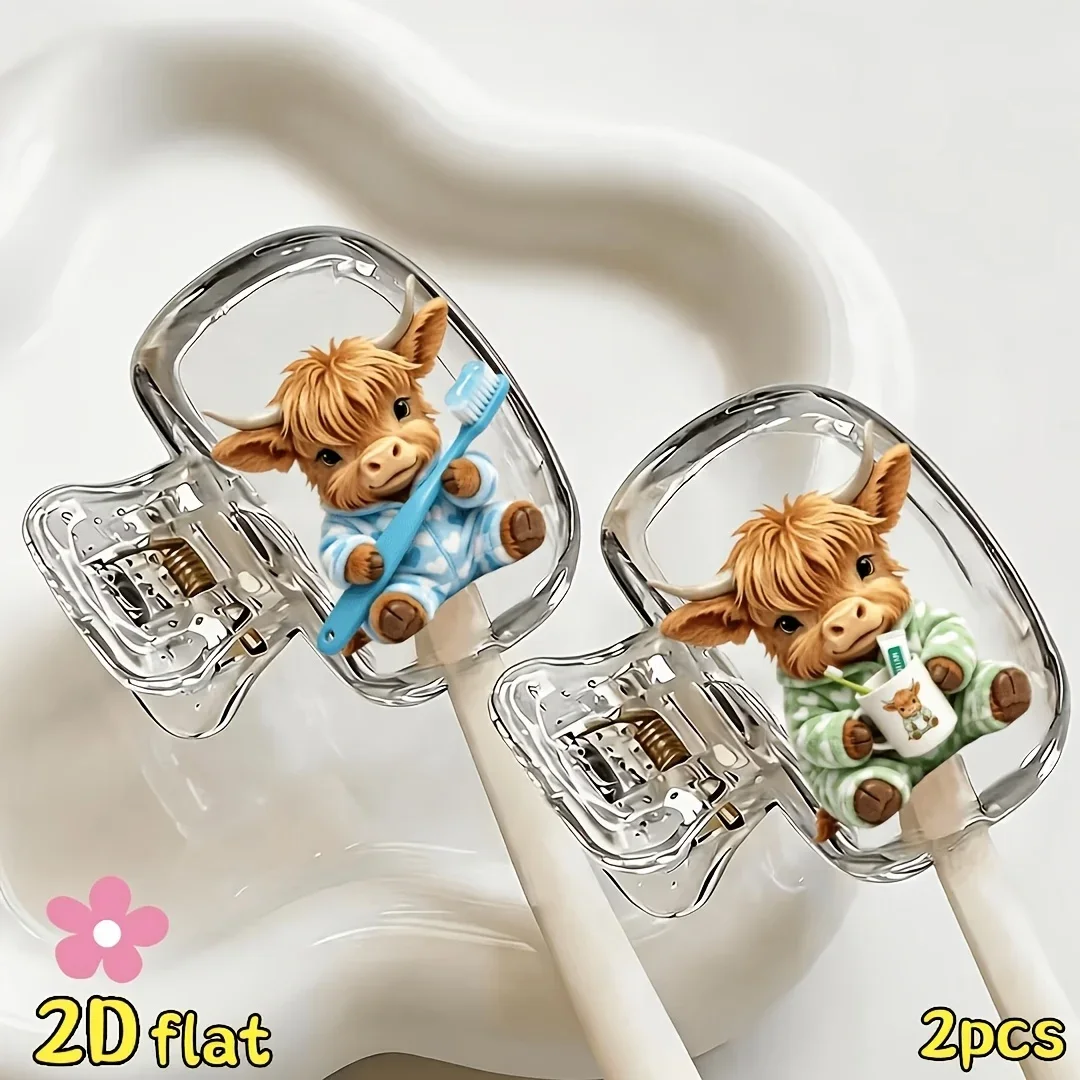 2pcs Polka Dot Highland Cow Transparent Toothbrush Dust Cover Suitable for Travel Sets Essentials Dormitory Use Gift For Friends