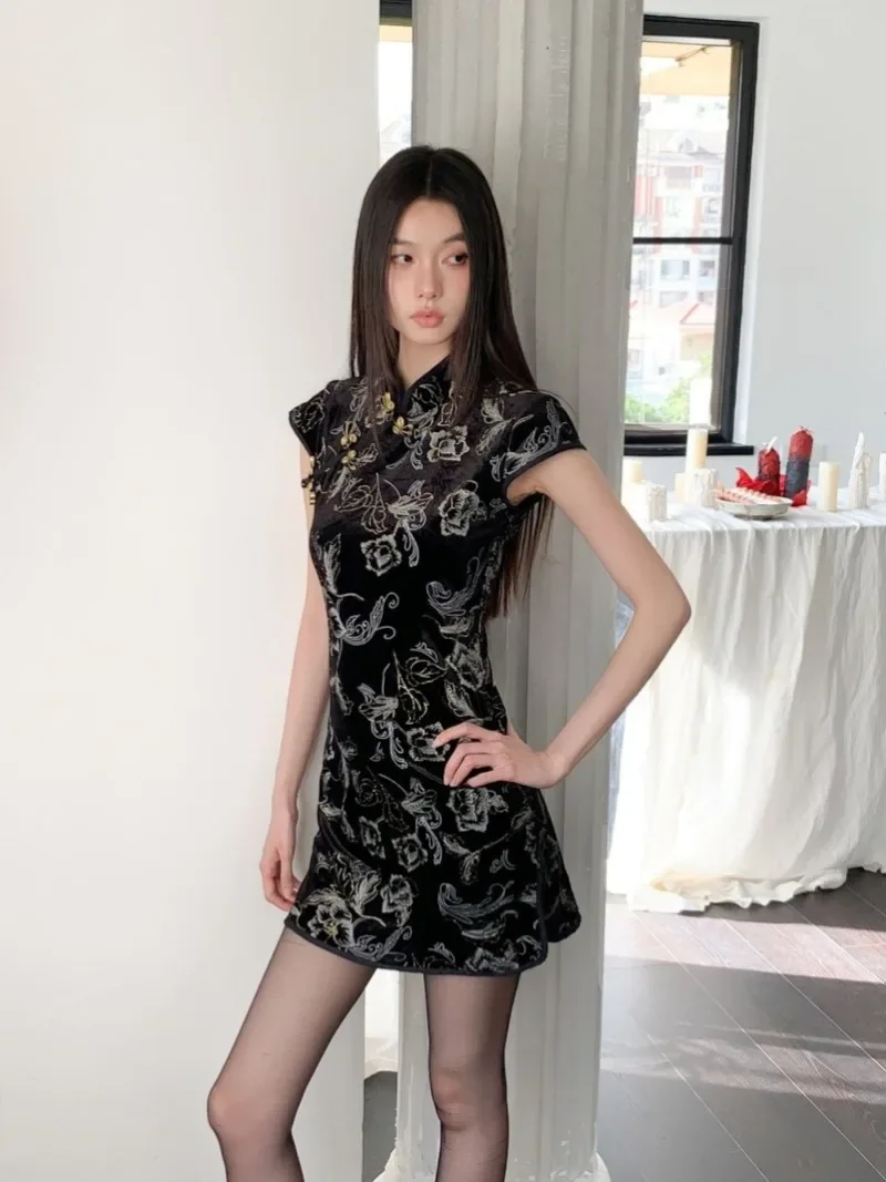 

Sweet Hot Girl Chinese Style Short-sleeved Cheongsam Dress Women's Summer Sexy Slim Fit Stand Collar Short Dress Female Clothes