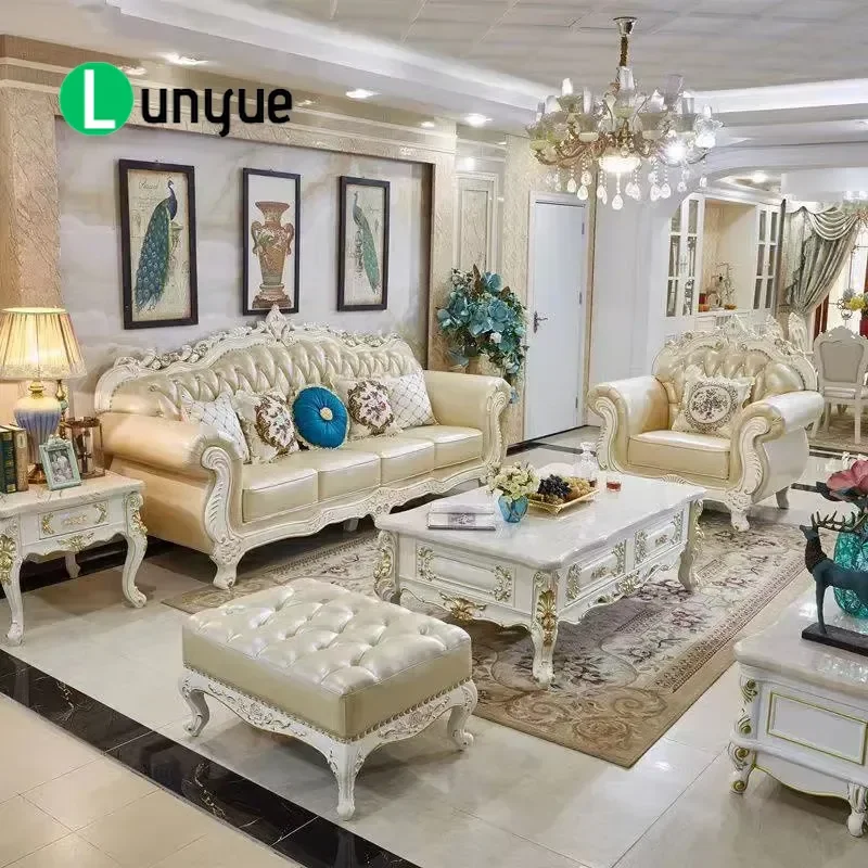 European Chesterfield Imitation Leather Sofa Set Solid Wood Frame Sponge Filling Engraving Pattern Living Room Furniture