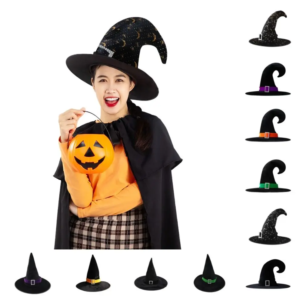 Punk Velvet Halloween Witch Wizard Hat Bending Angle Gilding Halloween Hat Costume Props Satin Ribbon Devil Cap Adults