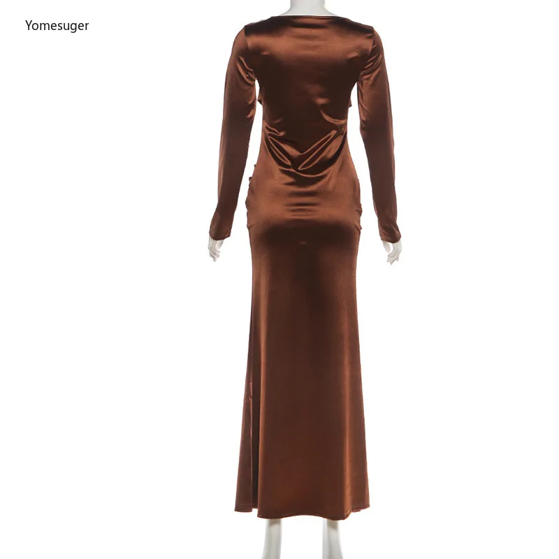 فستان Yomesugar أنيق مكشكش طويل ماكسي للنساء محب برقبة دائرية وأكمام طويلة فساتين ضيقة للحفلات المسائية والنوادي #5