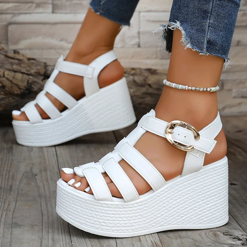 Römischer Stil Damen-Sandalen mit Keilabsatz, dicker Boden, Schnallenriemen, Gladiator-Sandalen, Damen-Sommer-weiße, klobige Plateau-Sandalen