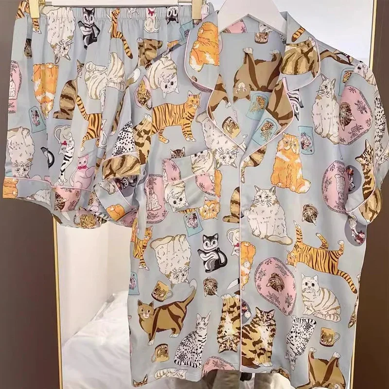 

Cartoon Cat Korean Style Women's Short Pajamas 2024 New Summer Cool Sleep Lounges Fashion Casual Classic Female Homewear