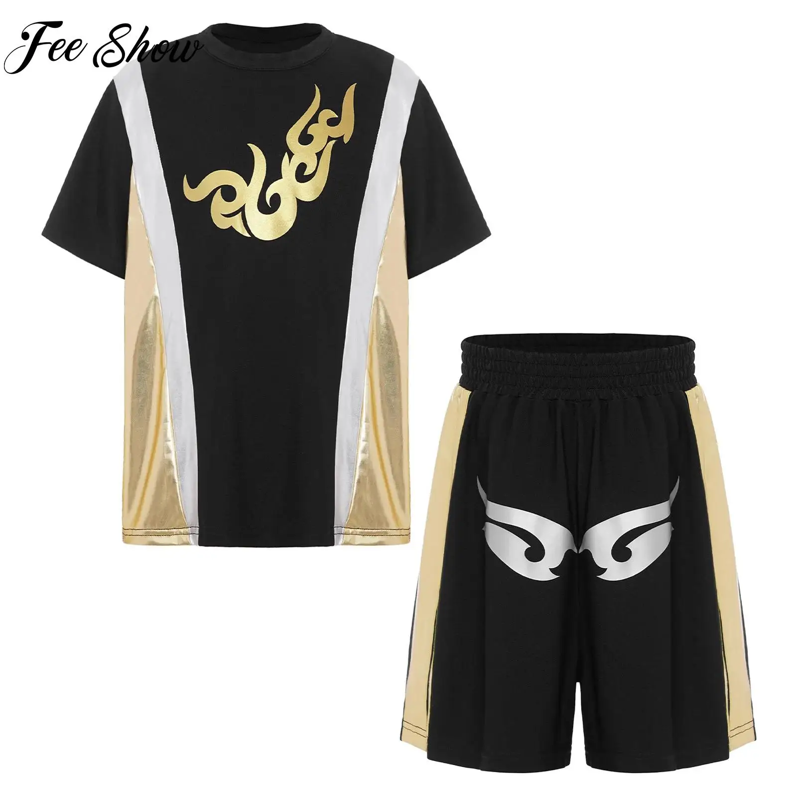 

Детский боксерский наряд для мальчиков и девочек, тренировочный костюм для кикбоксинга, металлическая футболка с короткими рукавами, шорты, костюм для вечеринки на Хэллоуин