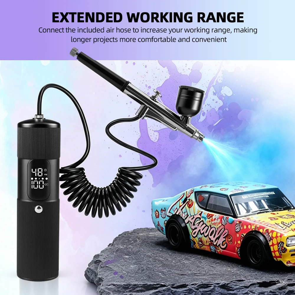 Tragbares Airbrush-Set mit Verlängerungsrohr, 28/38/48 PSI Luftdruck-Sprühgerät für Nagelkunst, Handwerk, Autolackierung, 4 Stunden Betriebszeit – Detail 9