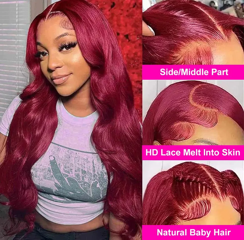 30Inch Body Wave Burgundy 13x4 HD renda Frontal rambut manusia Wig untuk wanita Brazilian 99J warna longgar gelombang renda depan Wig dijual