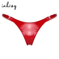 Women Sexy Glossy Patent Leather Thong Bikini Briefs Latex Metal Buckle Low Waist Panties Erotic T-back G-string Underwear