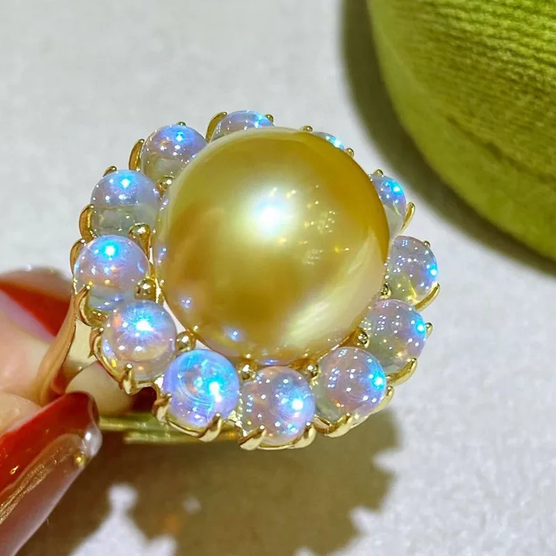 

MeiBaPJ 11-12 мм натуральный Золотой полукруглый жемчуг, модное кольцо с цветком, Настоящее серебро 925 пробы, изящные свадебные украшения для женщин