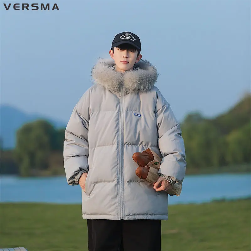 VERSMA Korean Style Clothing Men Cartoon Printed Winter Jacket Coat Male Double Sided Fur Collar Winter Russian Youth Parkas 5XL