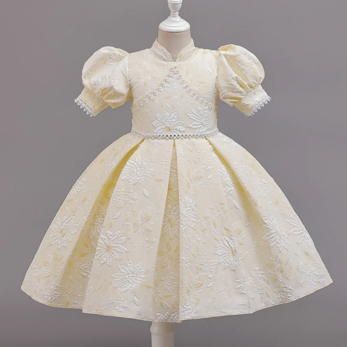 New Floral Pearl Bubble Sleeves for Girls Fashionable and Simple Princess Dress School Graduation Ceremony Evening Gown