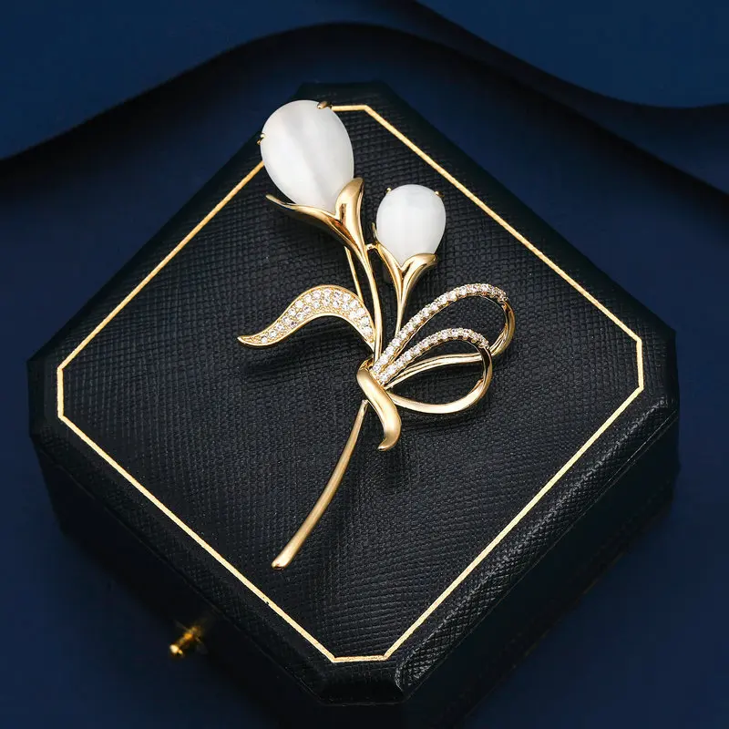 Winter Sweater Coat Accessories Brooch Fixed Clothes Cardigan Pin Flower Cat's Eye Stone Tulip Brooch