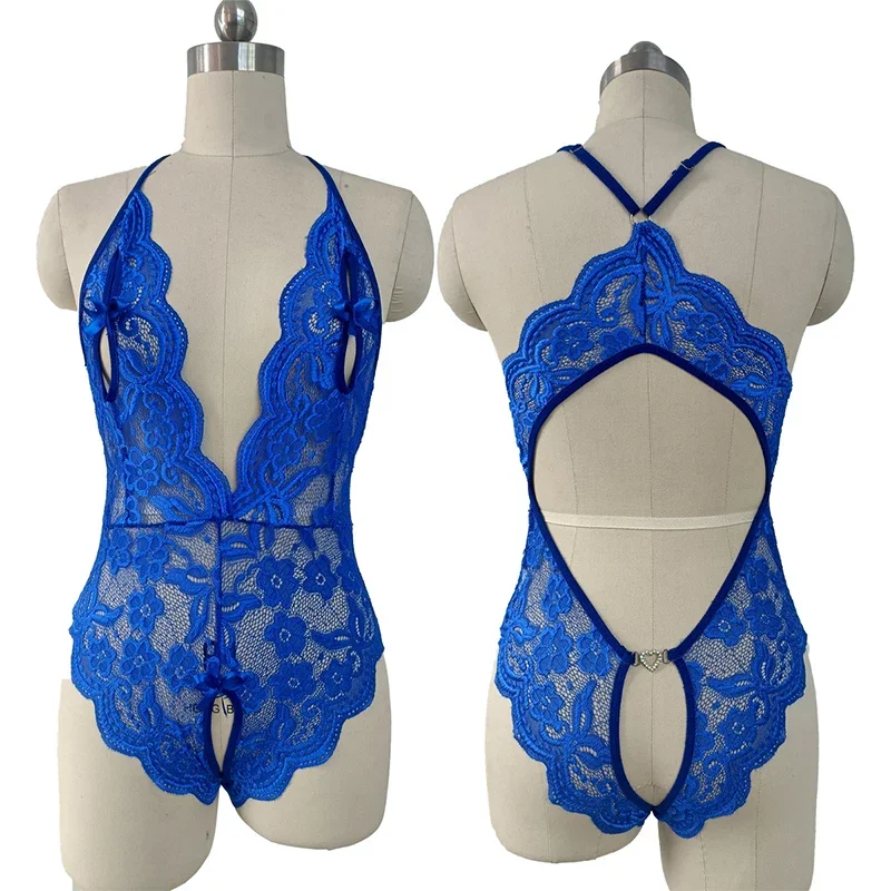 Mulheres rendas oco azul lingerie sexy crotchless bodysuit pijamas eróticos teddy babydoll vestido profundo v aberto sutiã pornô conjunto de roupa interior