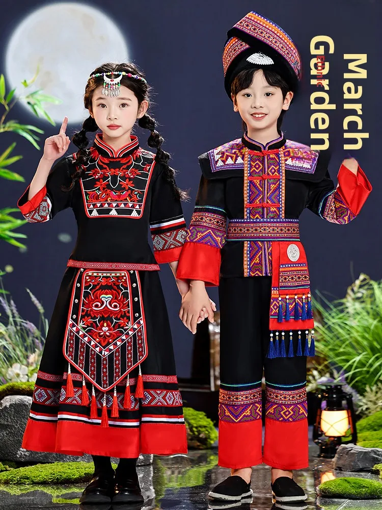 

New 2026 Guangxi San Yue San Ethnic Clothing Children's Wear Boy Girl Zhuang Costume Long Skirt Outfit Accories