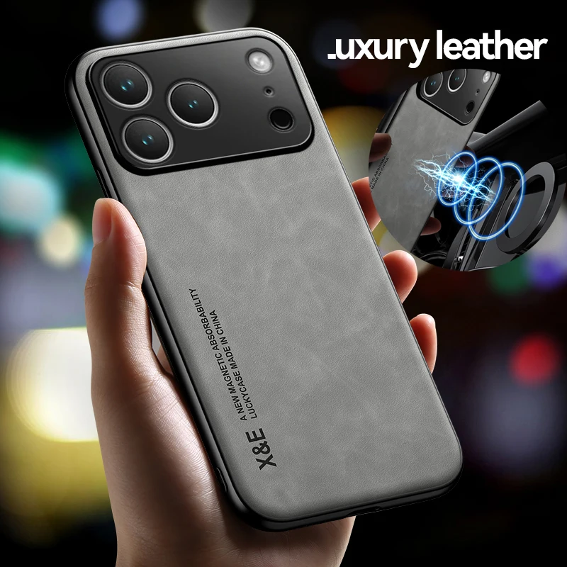 Leather Magnetic Car Holder Silicone Soft Phone Case for IPhone Air 17 Pro Max Full Lens Protection Back Cover Phone Cases