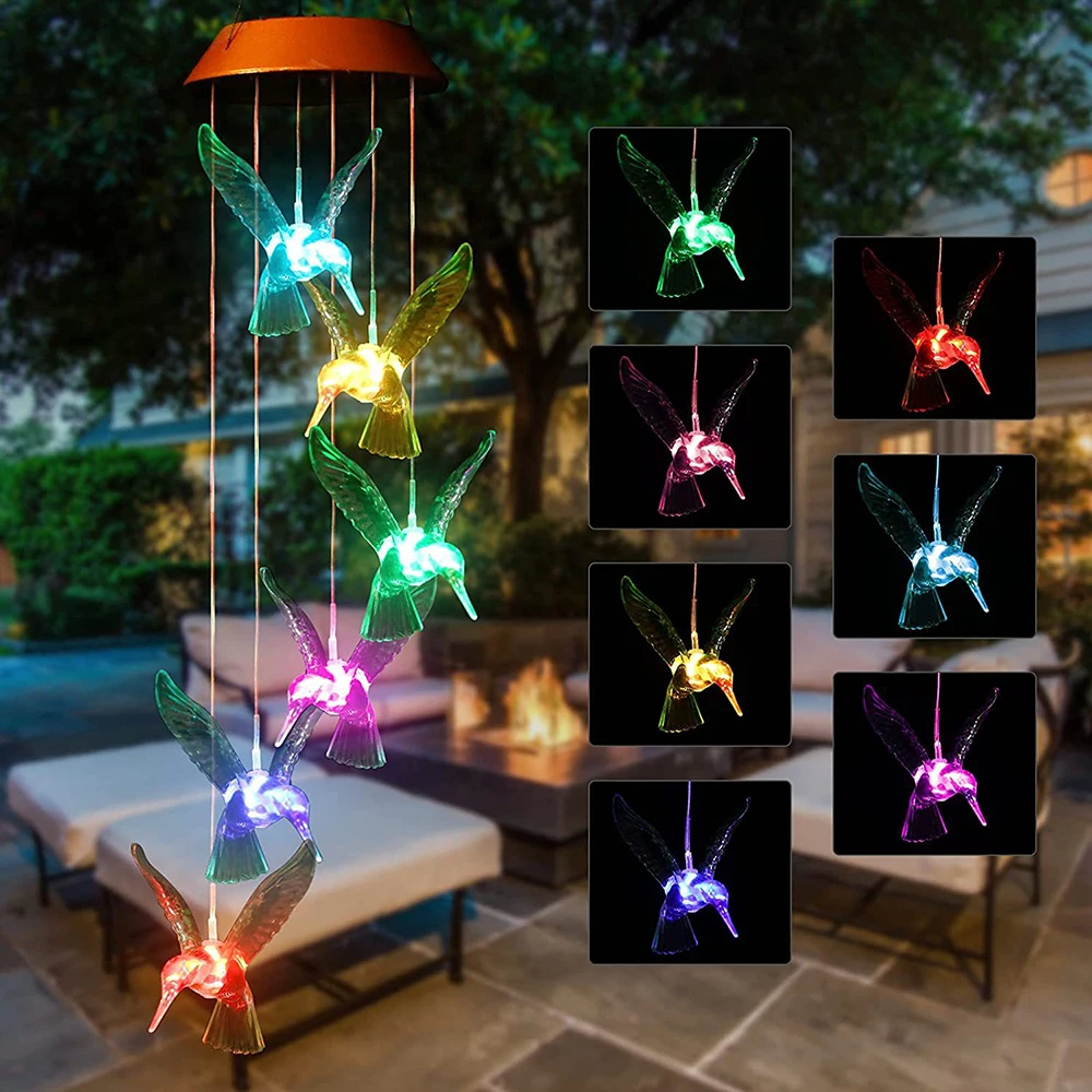 

Solar Hummingbird Wind Chime 7-Color Changing Mobile LED Solar Wind Chime Outdoor Mobile Hanging Patio Light Porch Garden Decor