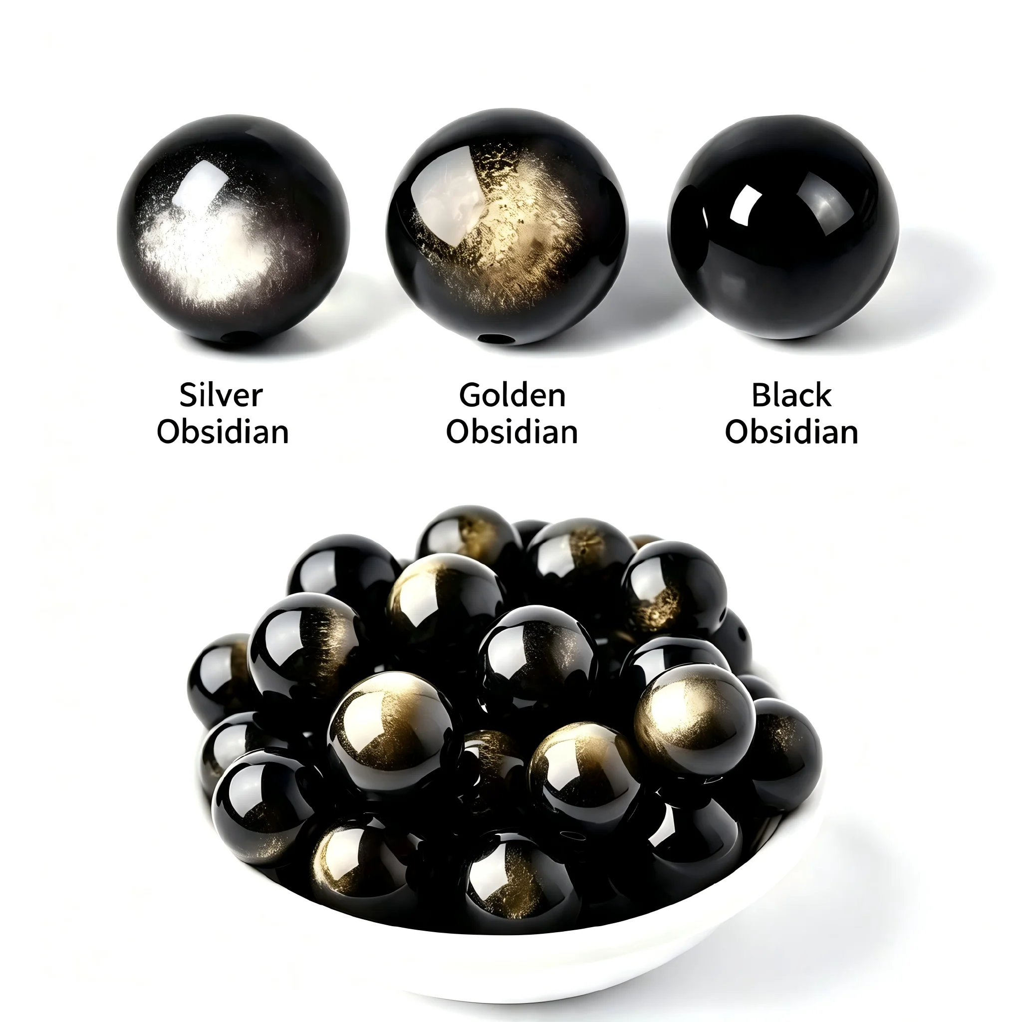 10 Pcs/lot Natural Stone Beads Golden Silver Black Obsidian Round Loose Bead For Jewelry Making DIY Necklace Bracelet Supplies