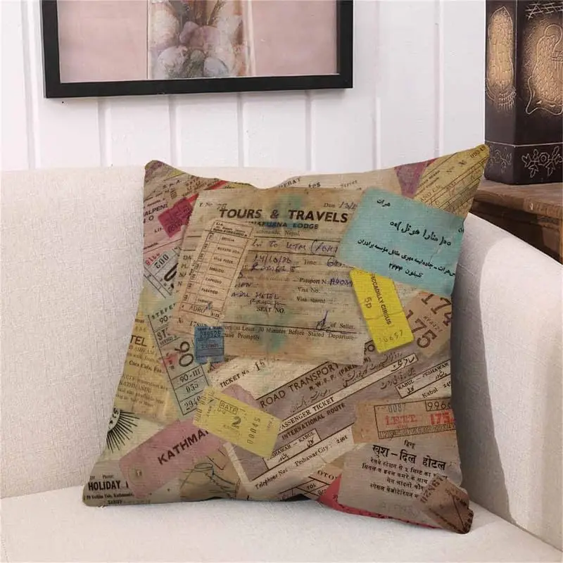 Throw Pillow Covers Colorful Luggage Vintage Travel Made of Lots Old Tickets Boarding Passes Hotel Reception and Other Documents