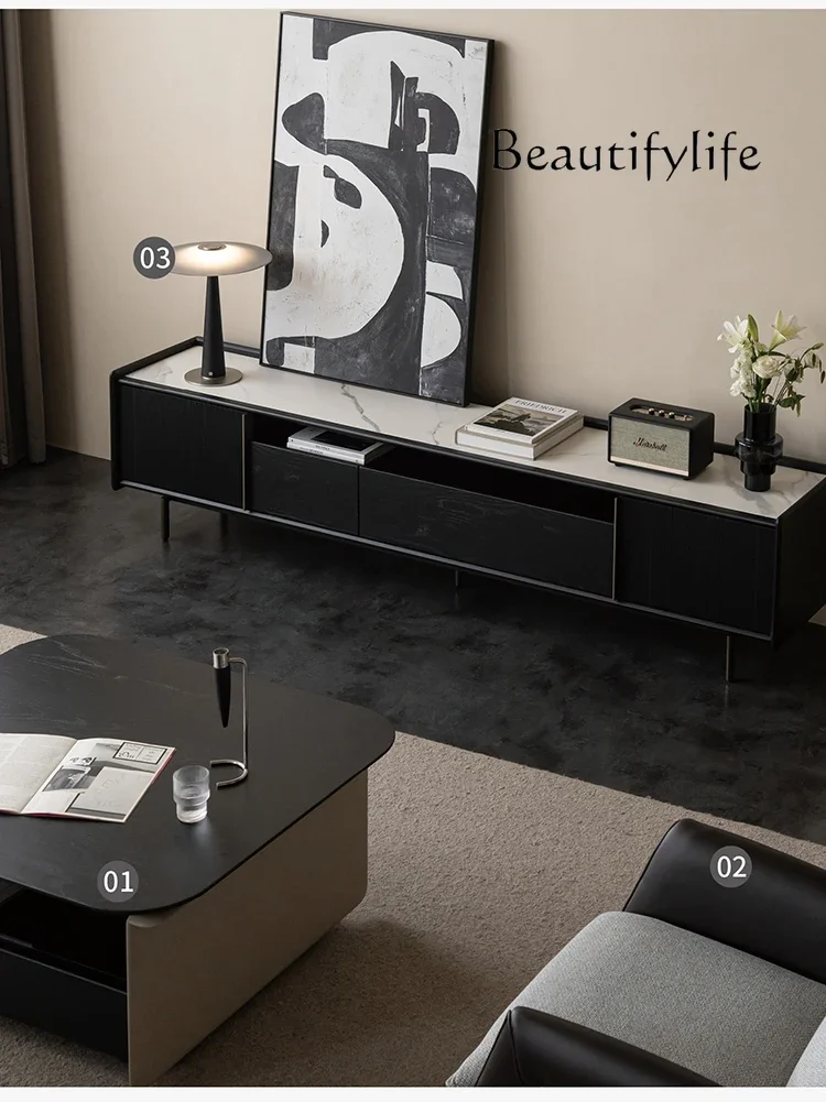 

TV Cabinet Black Solid Wood Slate TV Cabinet Storage Locker Integrated Floor Cabinet