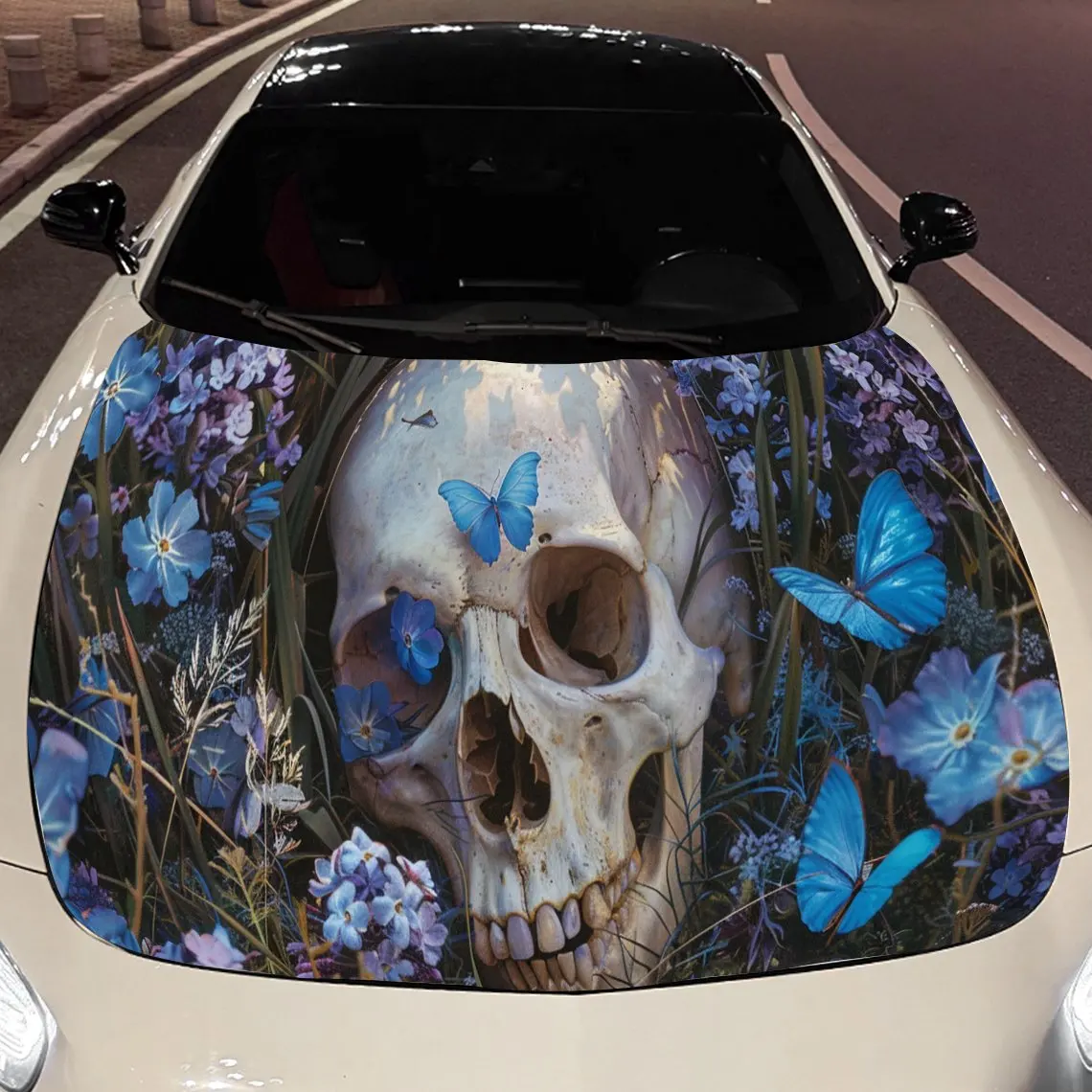 Skull Flower Car Hood Sticker PVC Self Waterproof Stick, Striking Auto Exterior Accessories Decor Protect Gift for Car Lover