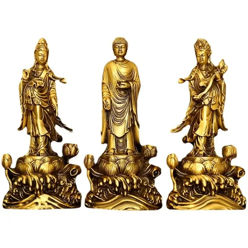 Copper Amitabha Bodhisattva Guanyin Western Three Saints Home Offerings Pray for Blessings Buddha Statue